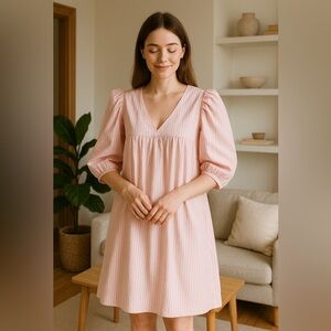 MABEL Anthropologie ‎ Romantic and Feminine Pink Puff Sleeve Babydoll Dress Sz M